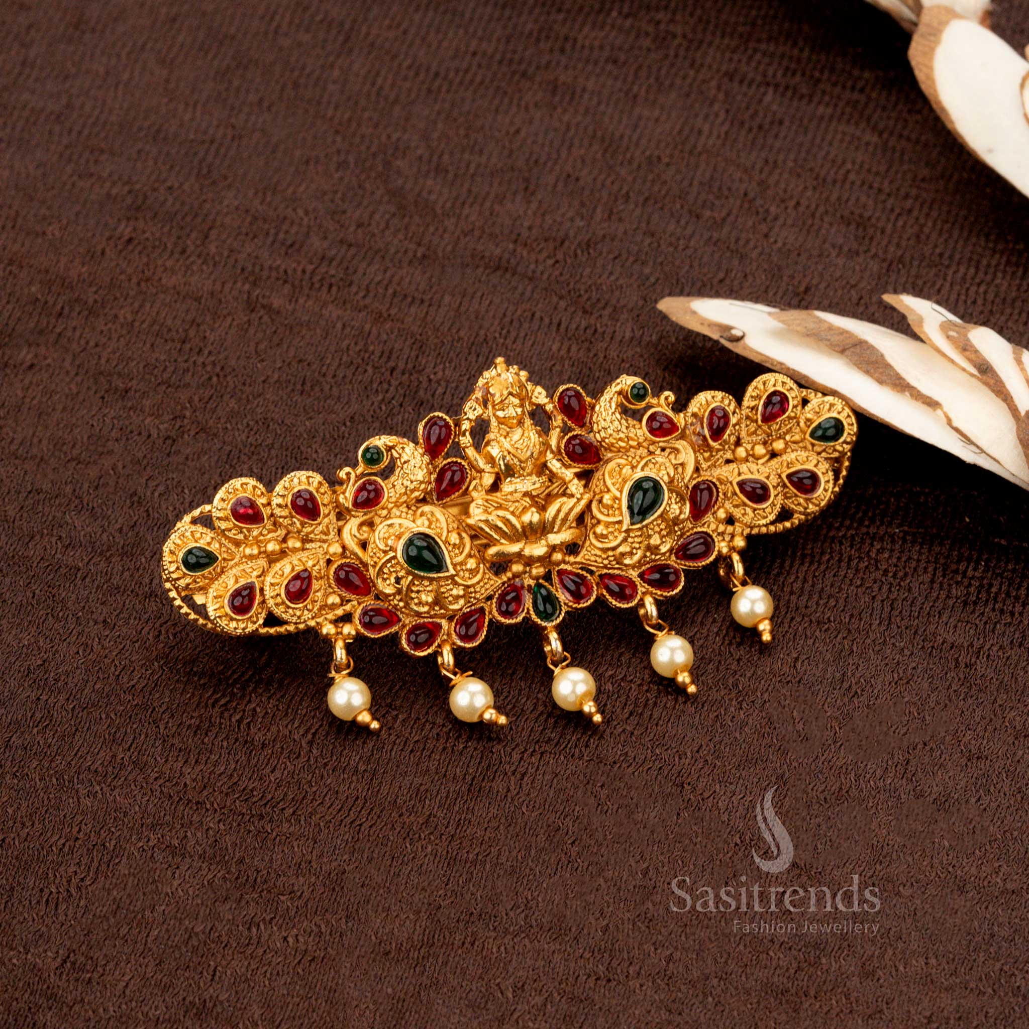 Traditional temple hair accessory with divine Lakshmi engraving, peacock motifs, and pearl accents - Sasitrends