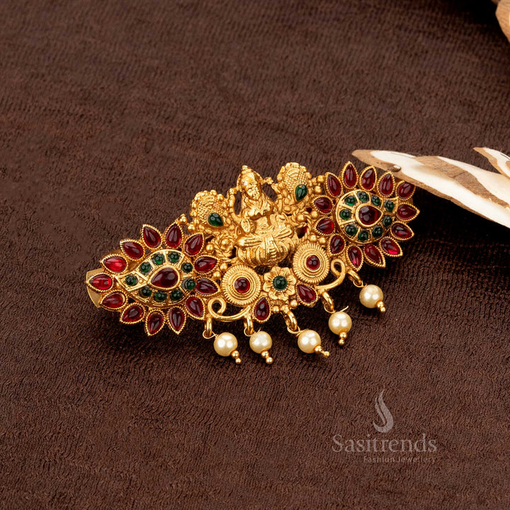 Ornamental temple jewellery hairclip with divine motifs, peacock designs, and pearl detailing - Sasitrends