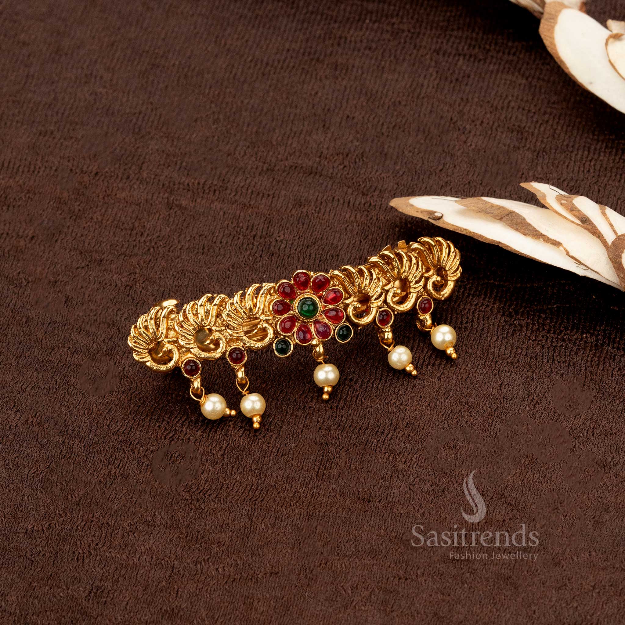 Matte gold bridal temple hair accessory featuring goddess Lakshmi and peacock art - Sasitrends