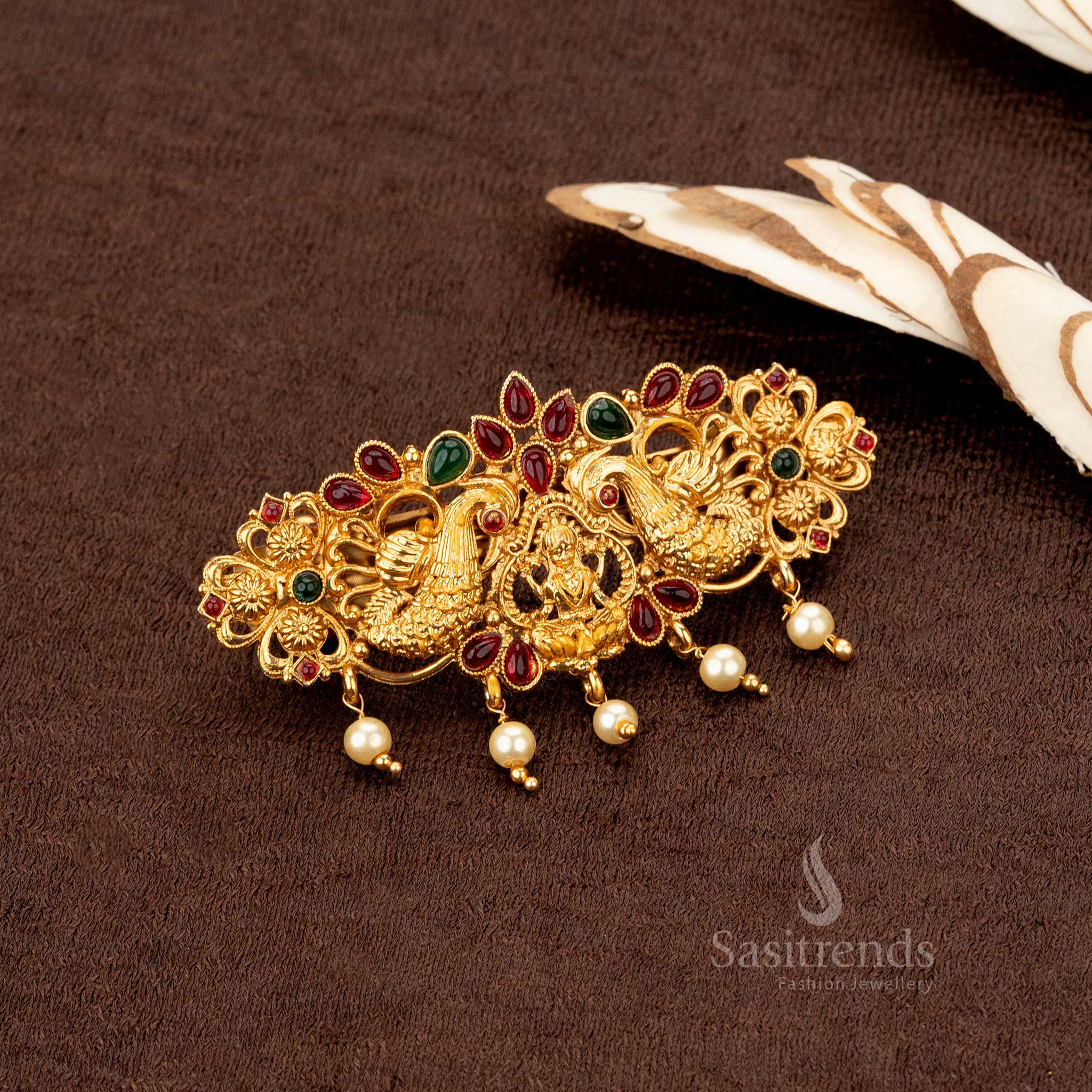 Classic Lakshmi temple hair jewellery with finely carved peacock designs and pearl embellishments - Sasitrends