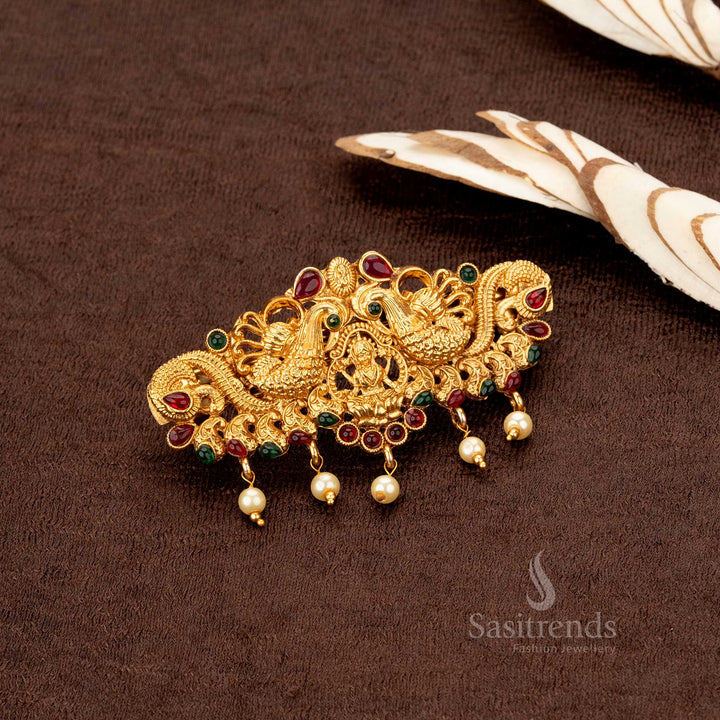 Beautiful temple-style Lakshmi peacock hairpiece with pearl hanging details - Sasitrends