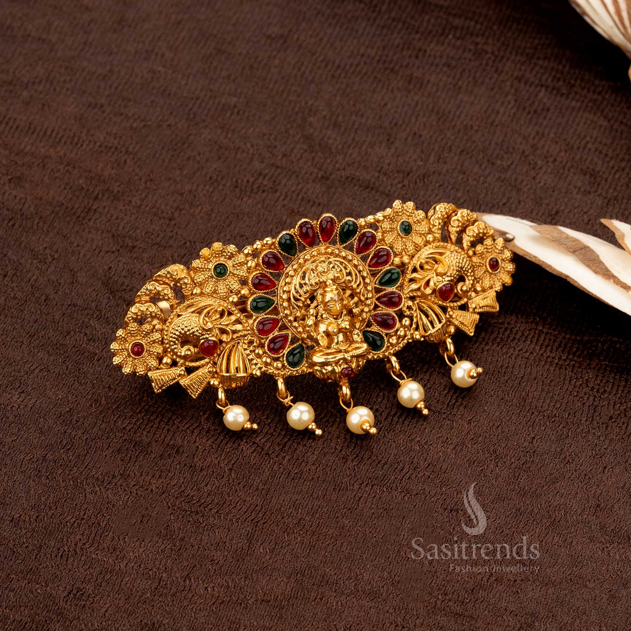 Intricately designed temple Lakshmi center hairclip with peacock detailing and rich engravings - Sasitrends