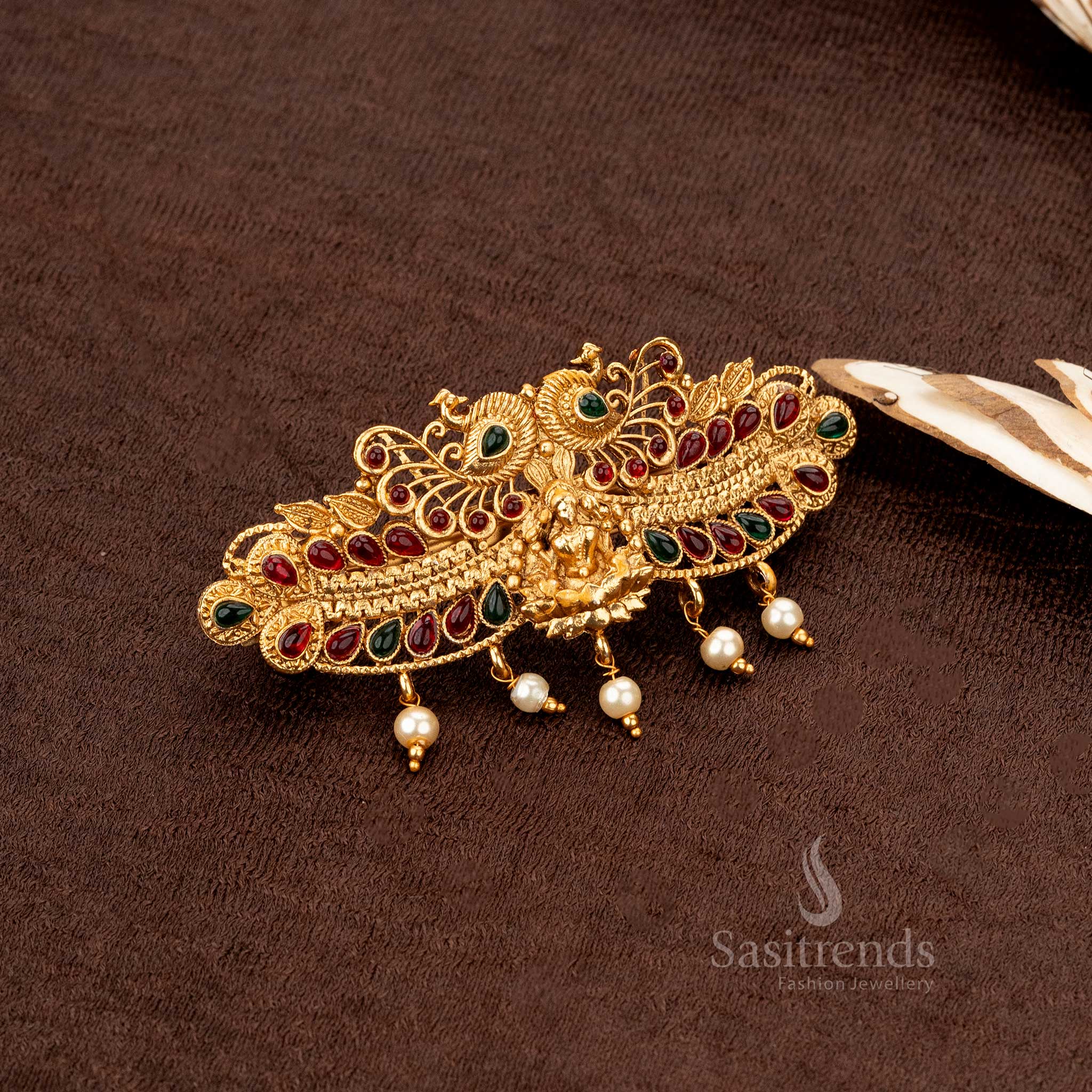 Matte gold-plated Lakshmi temple hair accessory with filigree detailing and pearl accents - Sasitrends