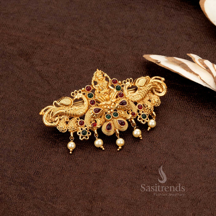 Traditional temple jewellery hair ornament featuring Lakshmi, peacocks, and pearl hangings - Sasitrends