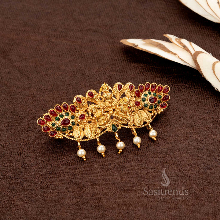 Exquisite bridal temple-style Lakshmi hairclip with peacock detailing and pearls - Sasitrends