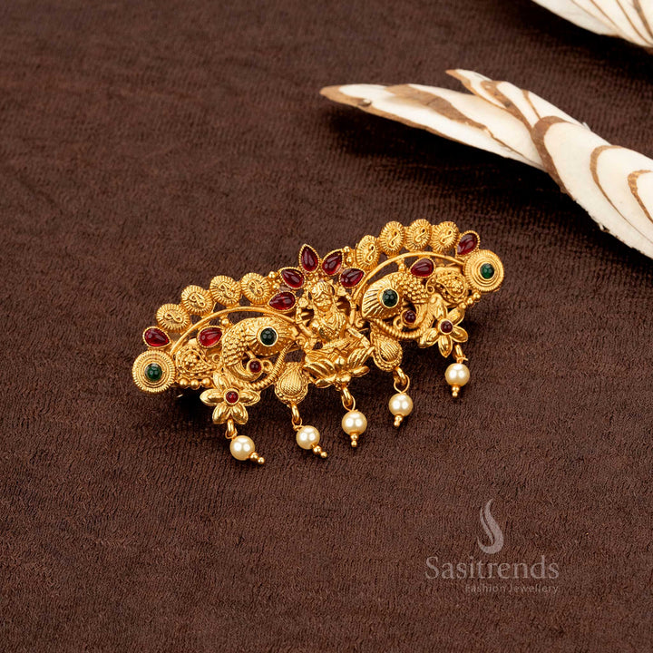 High-quality matte gold temple hair ornament with Lakshmi and pearl hanging embellishments - Sasitrends