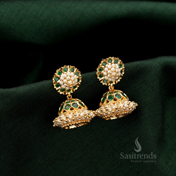 Traditional American Diamond gold plated Jhumka earrings featuring sparkling Green AD embellishments and intricate handcrafted details, look like real gold - Sasitrends