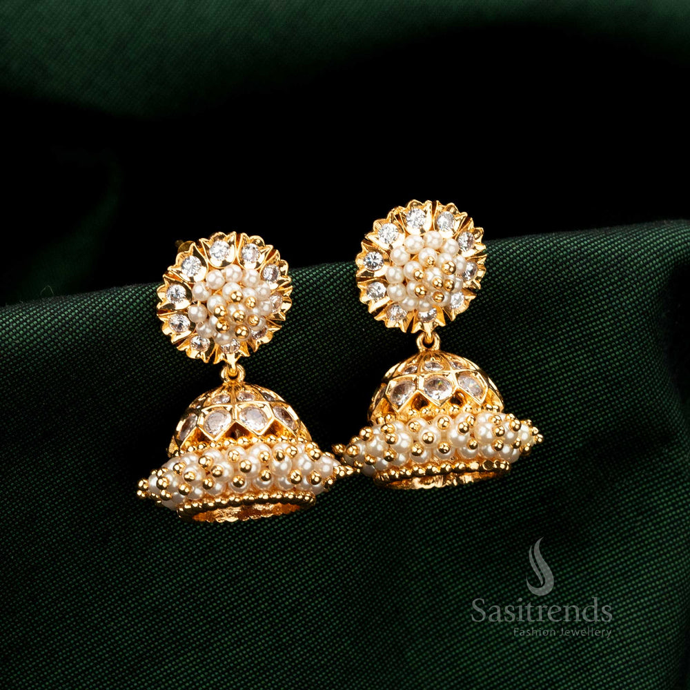 Elegant White AD stone Jhumka earrings with micro gold plated finish, intricate pearl setting, and luxurious sparkle, look like real gold - Sasitrends