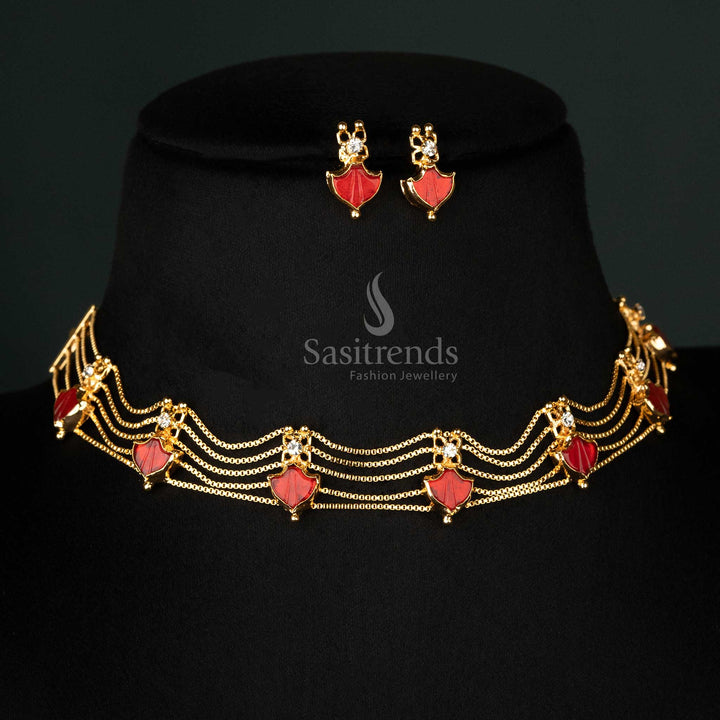 Elegant bridal Kerala-style one-gram gold-plated 5-layer red Palakka jewellery set, perfect for traditional and festive occasions - Sasitrends