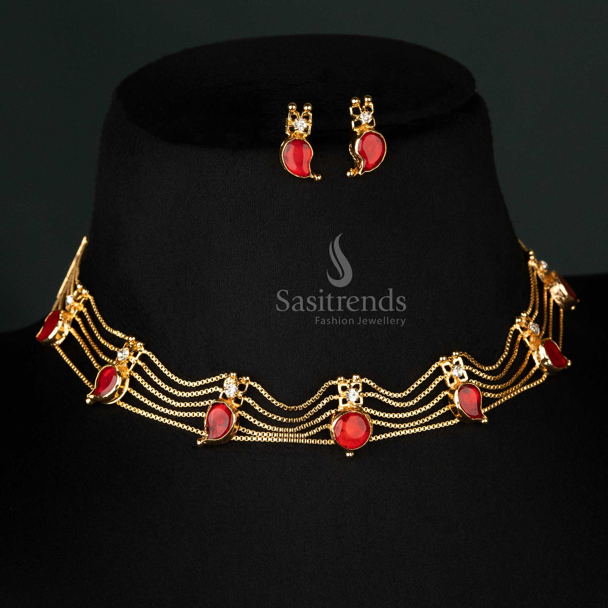  Graceful bridal Kerala traditional one-gram gold-plated 5-layer red Mango Palakka jewellery set, perfect for weddings and festive celebrations - Sasitrends