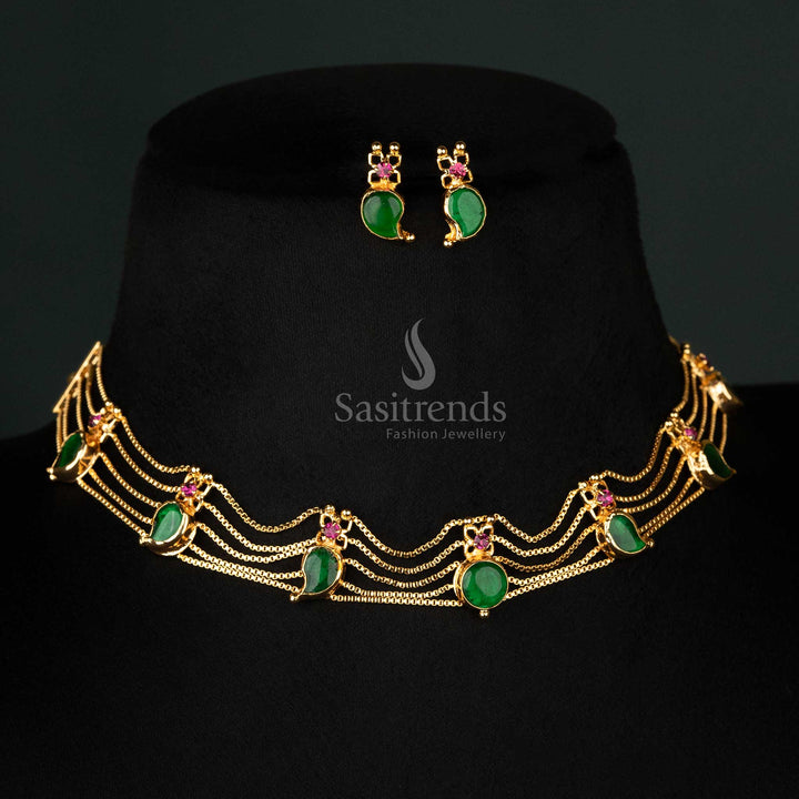 Majestic ethnic Kerala-style one-gram gold-plated 5-layer green Mango Palakka necklace set, designed for women who love traditional elegance - Sasitrends