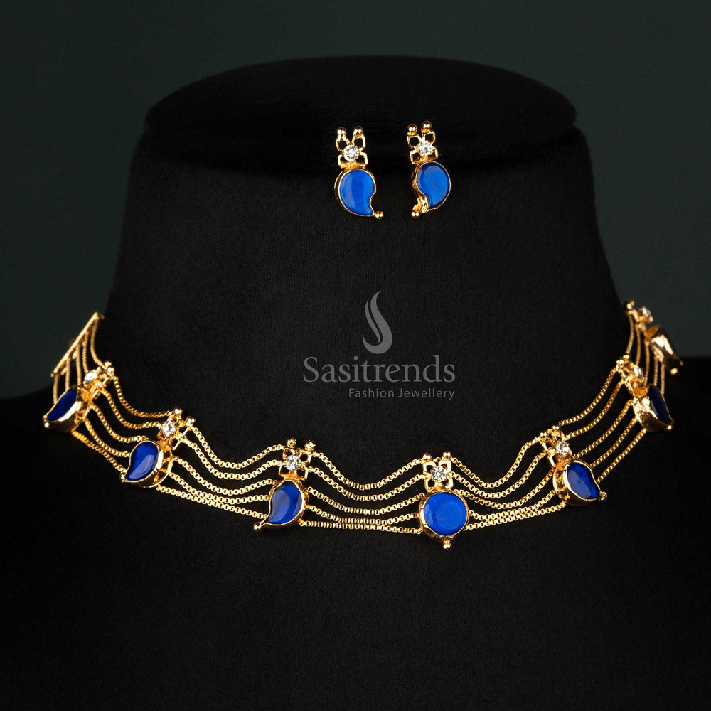 Radiant festive wear Kerala one-gram micro gold-plated 5-layer blue Mango Palakka jewellery set with an ornate design for grand occasions - Sasitrends