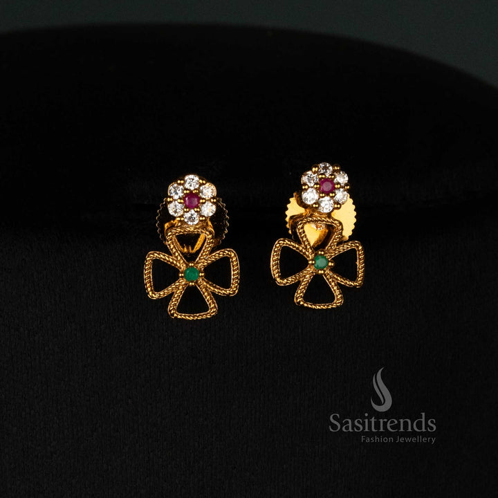 Brilliant matte gold plated floral clover earrings set with exquisite multi-color AD stone arrangement and premium craftsmanship - Sasitrends