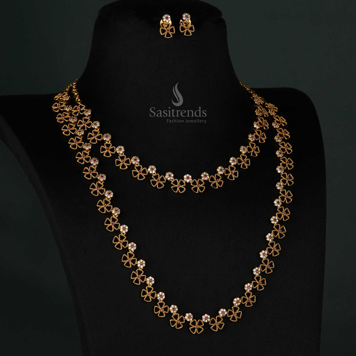 Wonderful Floral Clover Design Matte Gold Plated Long & Short Necklace Jewellery Set with Intricate AD Stone Detailing - Sasitrends