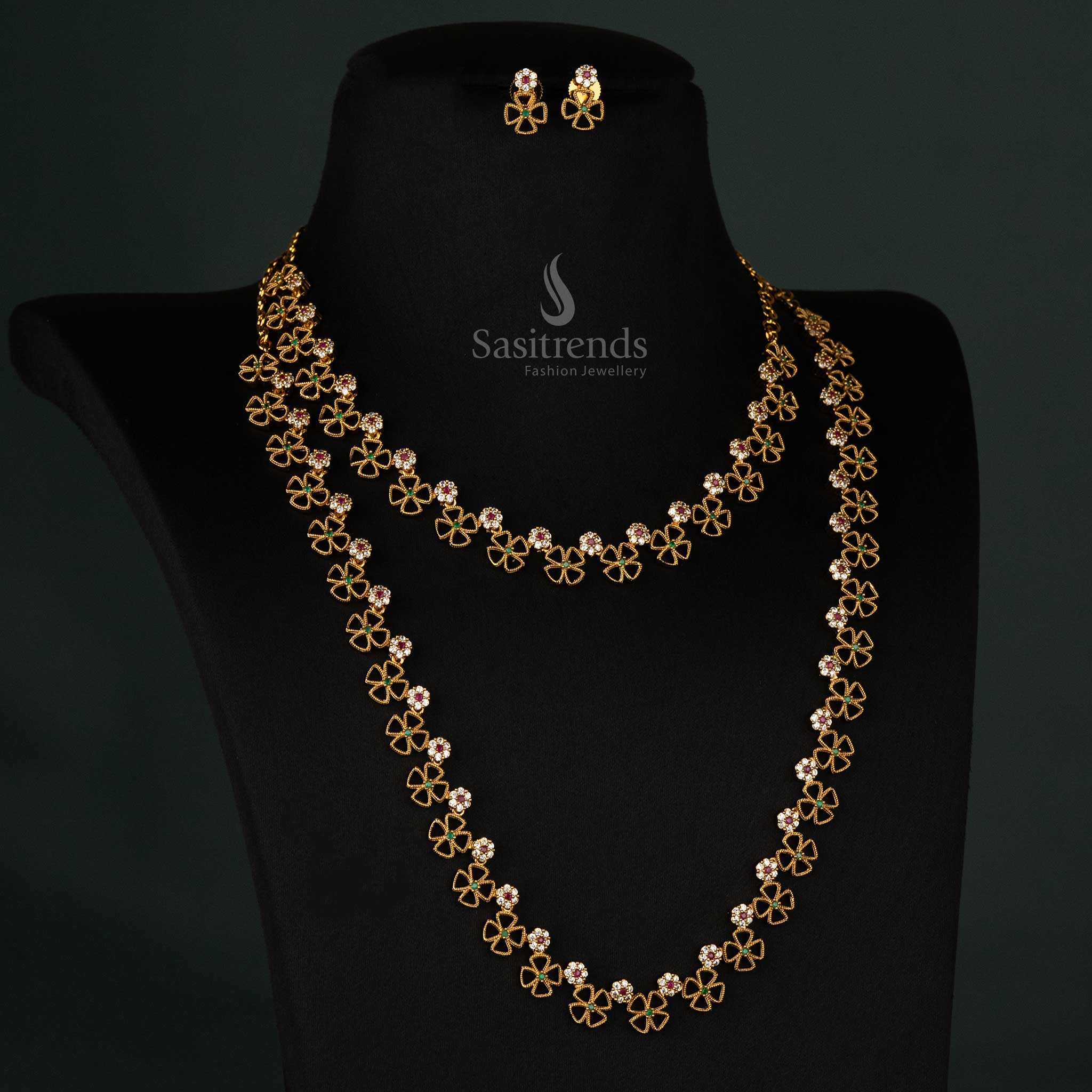 Spectacular floral clover matte gold plated long and short necklace set adorned with multi-color AD stone embroidery and dazzling earrings - Sasitrends