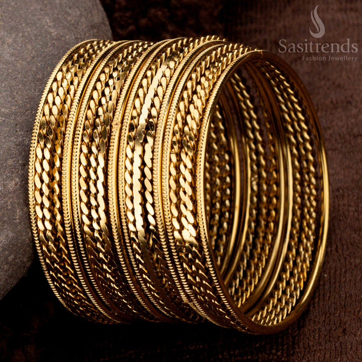 Antique gold plated and oxidised bangles set with classic braided design - Sasitrends