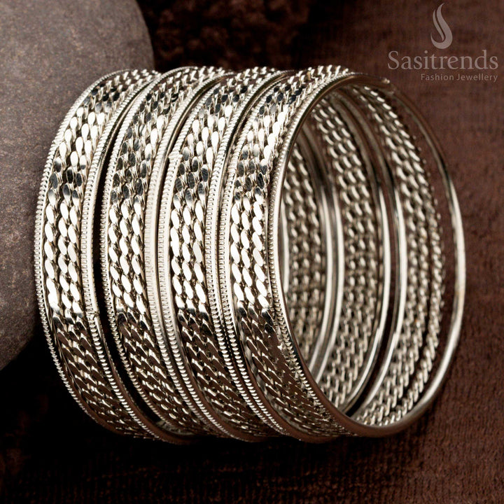 Antique silver plated and oxidised bangles set with classic braided design - Sasitrends