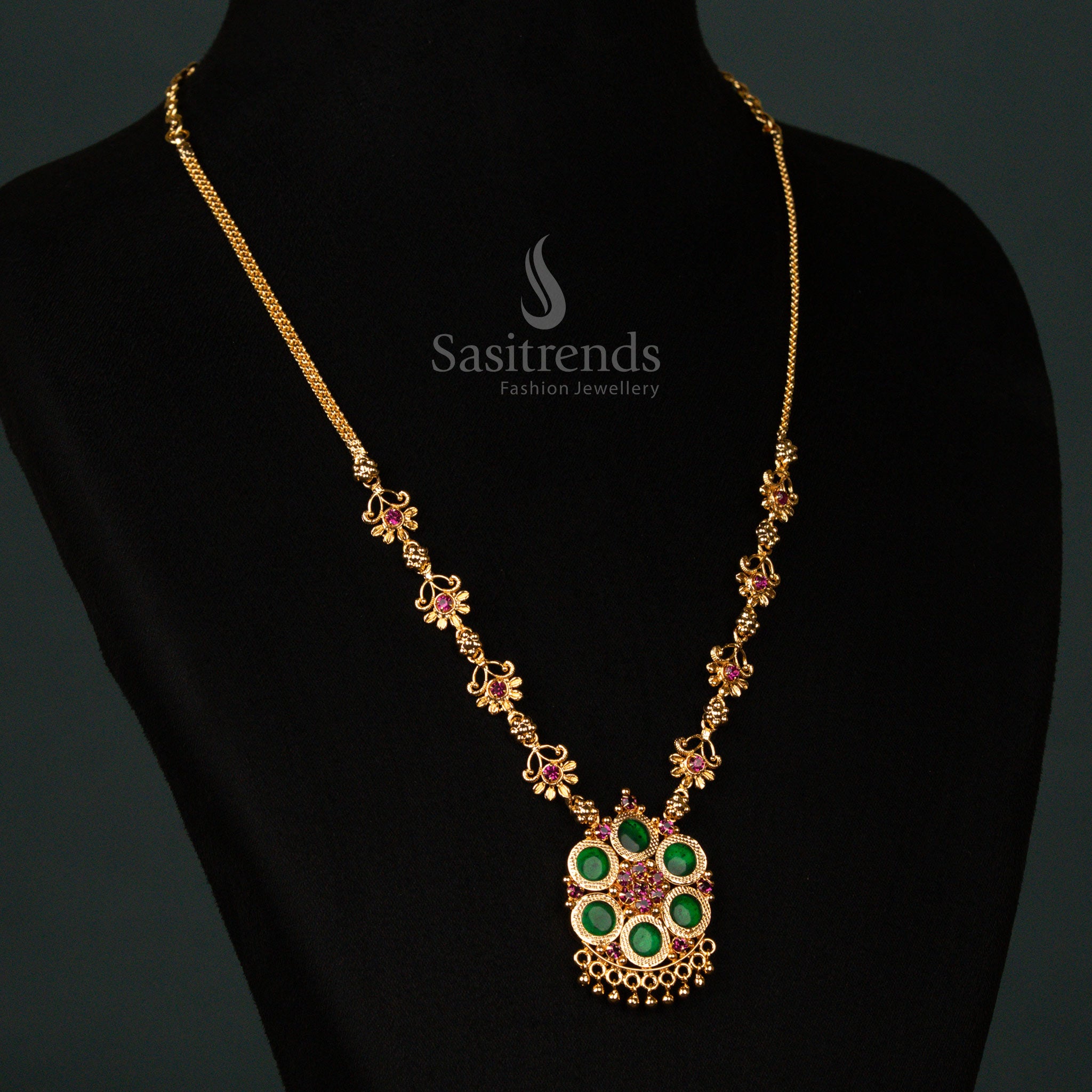 Heritage micro gold plated one gram Palakka necklace in lustrous green, finely adorned with a floral-round pendant and dazzling AD stones - Sasitrends