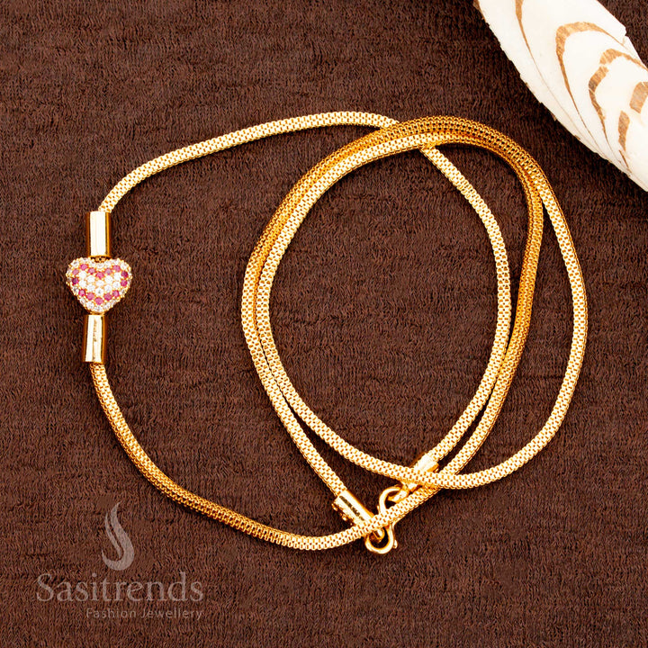 Elegant Micro Gold Plated Pink Stone Heart Mugappu Chain | One Gram Traditional South Indian Jewellery for Sarees – Guaranteed - Sasitrends