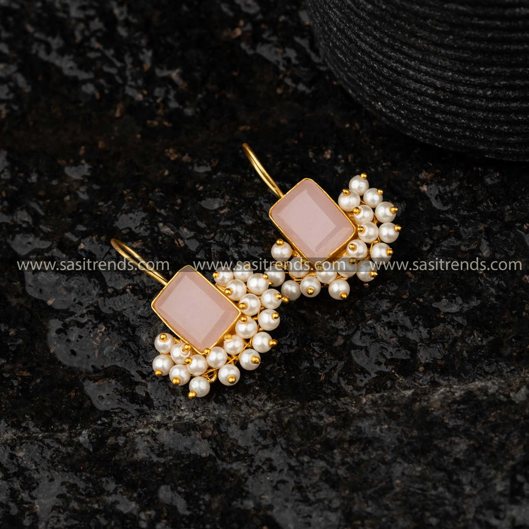 Elegant Pink Monalisa Stone Earrings with Pearls Sasitrends Online Shopping