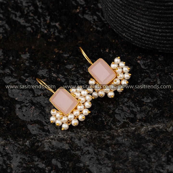 Gold Plated Monalisa Stone Studded Contemporary Fishhook Earrings with Pearls | Sasitrends