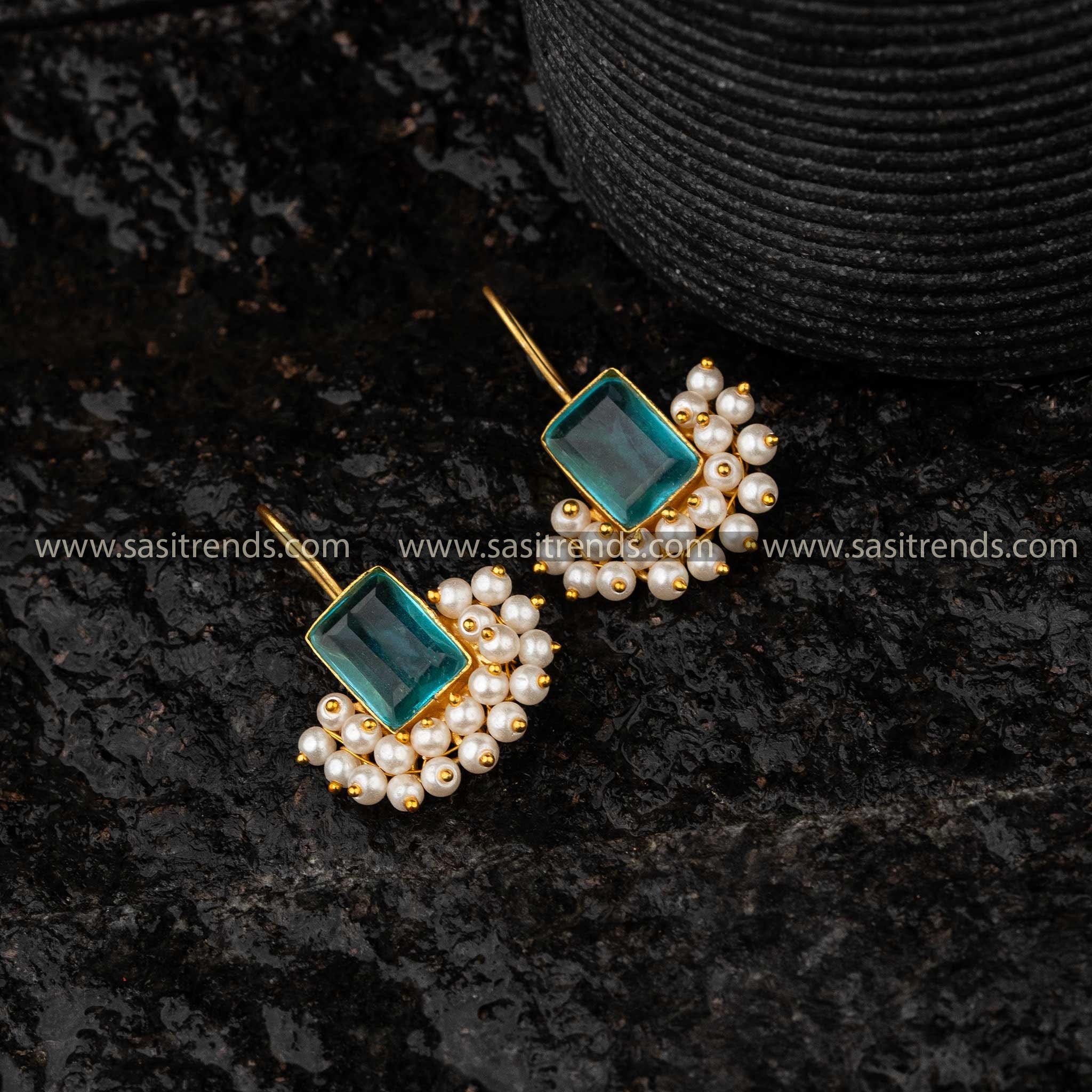 Ocean Blue Monalisa Stone Gold Plated Earrings Sasitrends Online Shopping