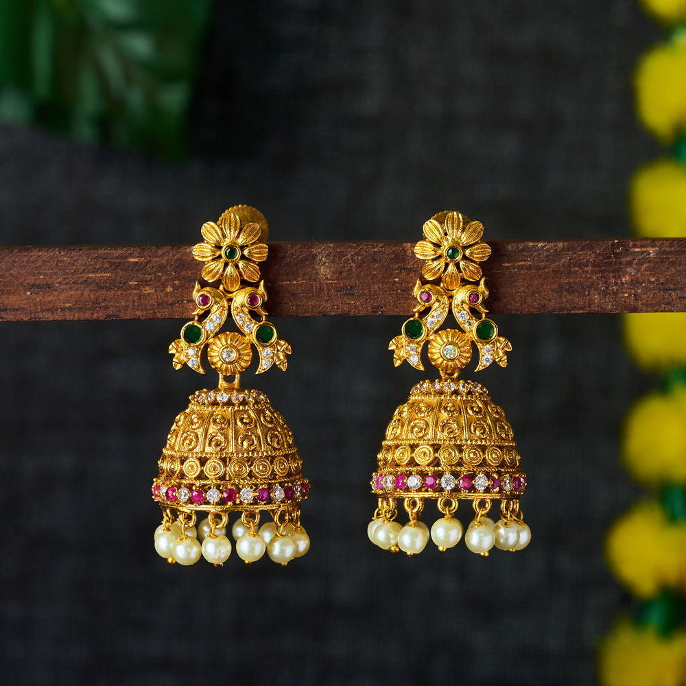 Colorful Peacock AD Stone Pearl Jhumka Earrings: Timeless Beauty and Intricate Details