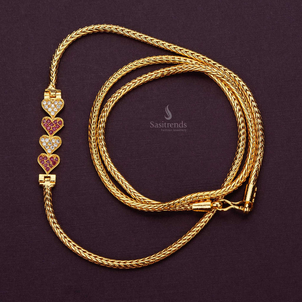 4 heart-shaped White-Ruby mugappu chain in micro gold plated design, perfect gift for women - Sasitrends