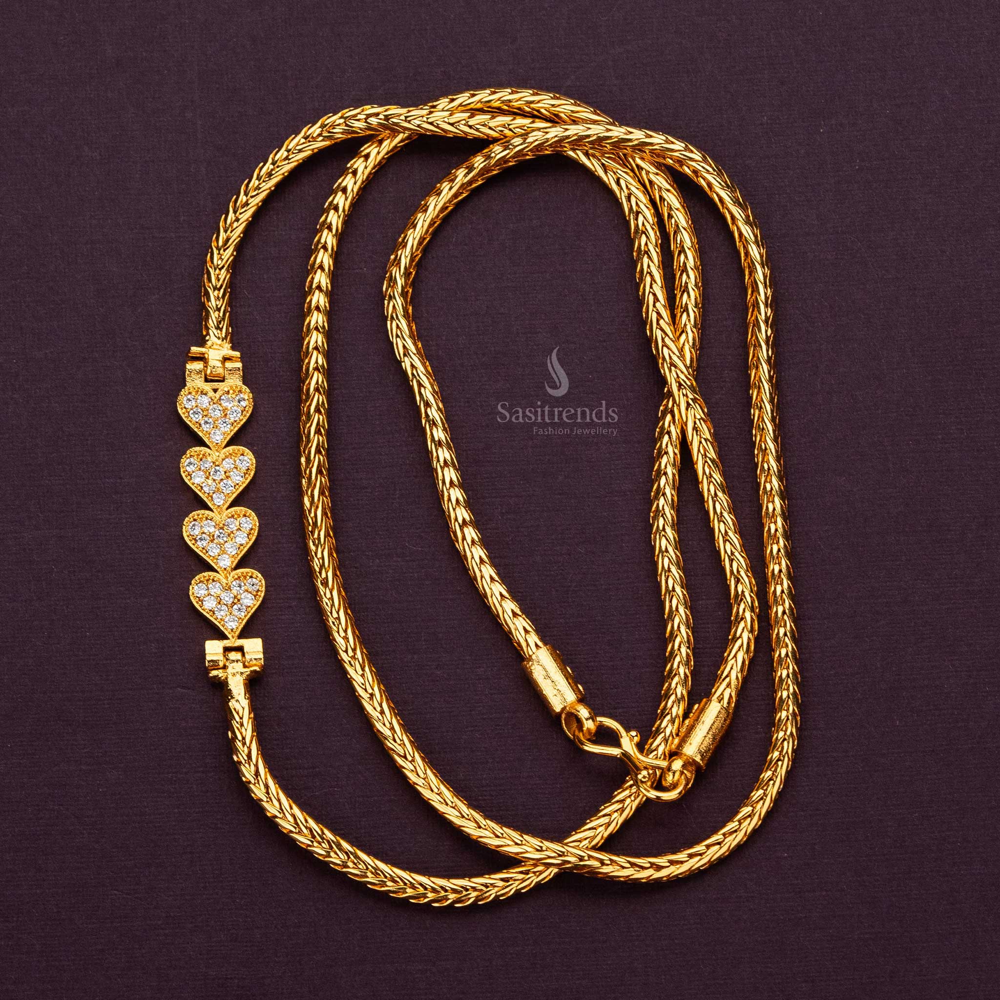 Micro gold plated 4 heart mugappu chain with White AD stones, great for silk sarees - Sasitrends