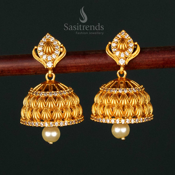 Traditional Matte Gold Plated AD Stone Studded Jhumka Earrings with Pearl Drop For Festive Wear- Sasitrends