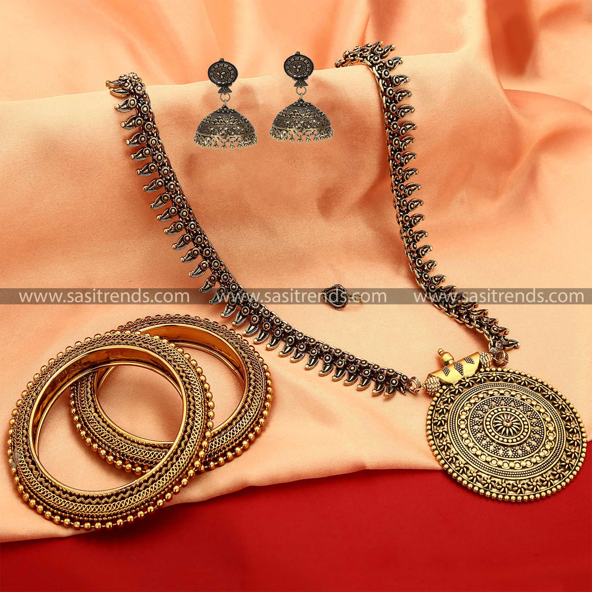 Latest Full Combo Set Oxidised Antique Gold Niranjana Chakra Pendant Long Jewellery Set 