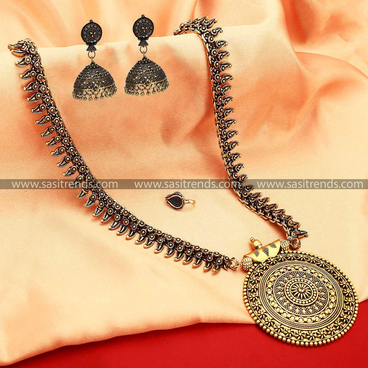 Oxidised Antique Gold Niranjana Chakra Pendant Long Jewellery Set