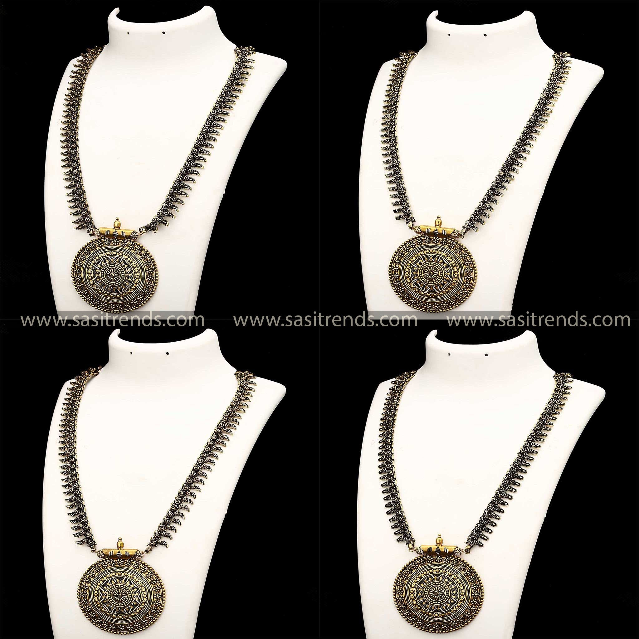 Oxidised Antique Gold Long Necklace With Pendant For Navarathiri