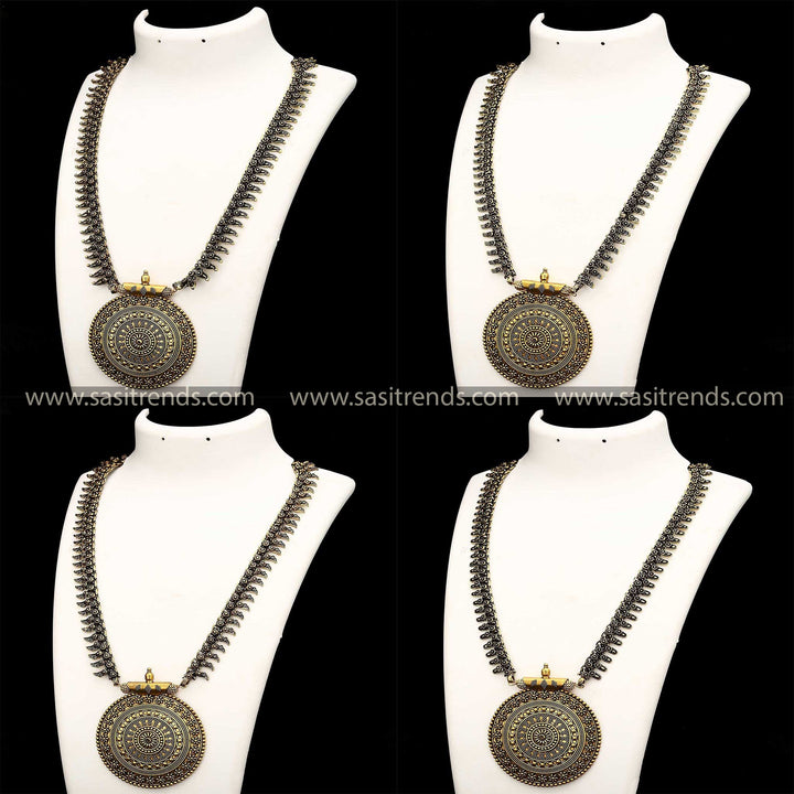 Oxidised Antique Gold Long Necklace With Pendant For Navarathiri