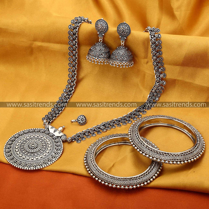 Latest Full Combo Set Oxidised Niranjana Chakra Pendant Long Jewellery Set 