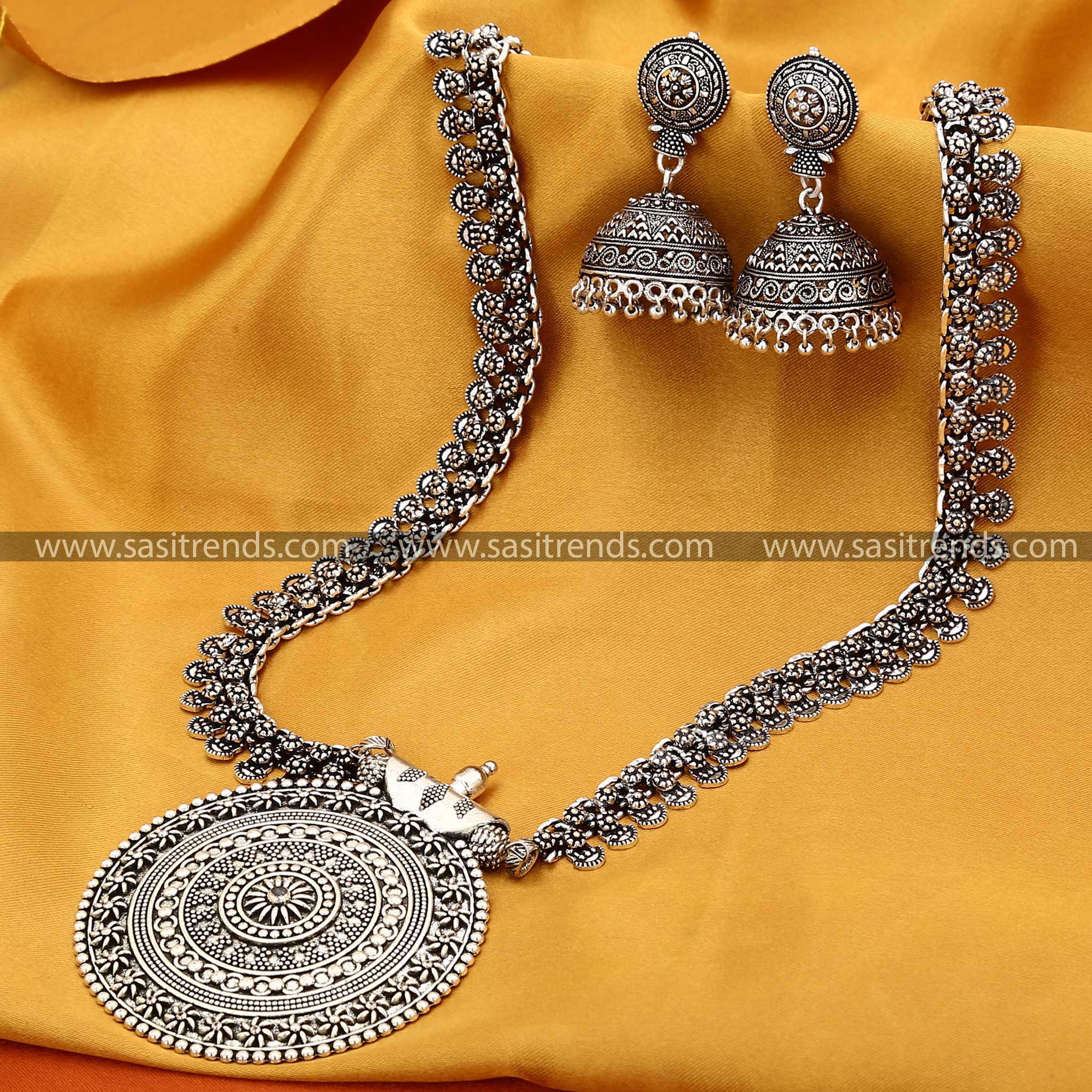 Oxidised Long Pendant Jewellery Set With Jhumka Earrings For Navarathiri