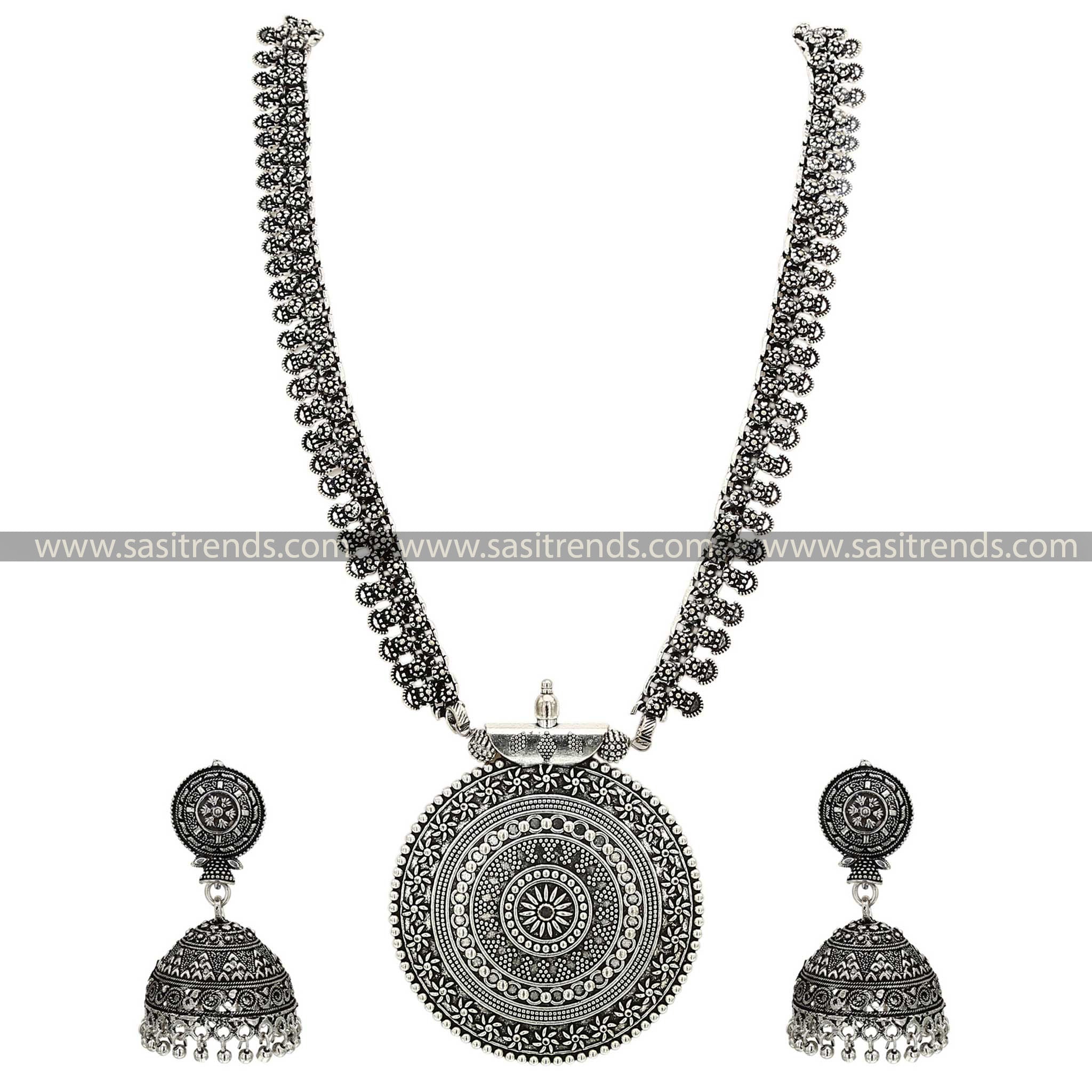 Oxidised Long Niranjana Chakara Pendant Jewellery Set With Jhumka Earrings