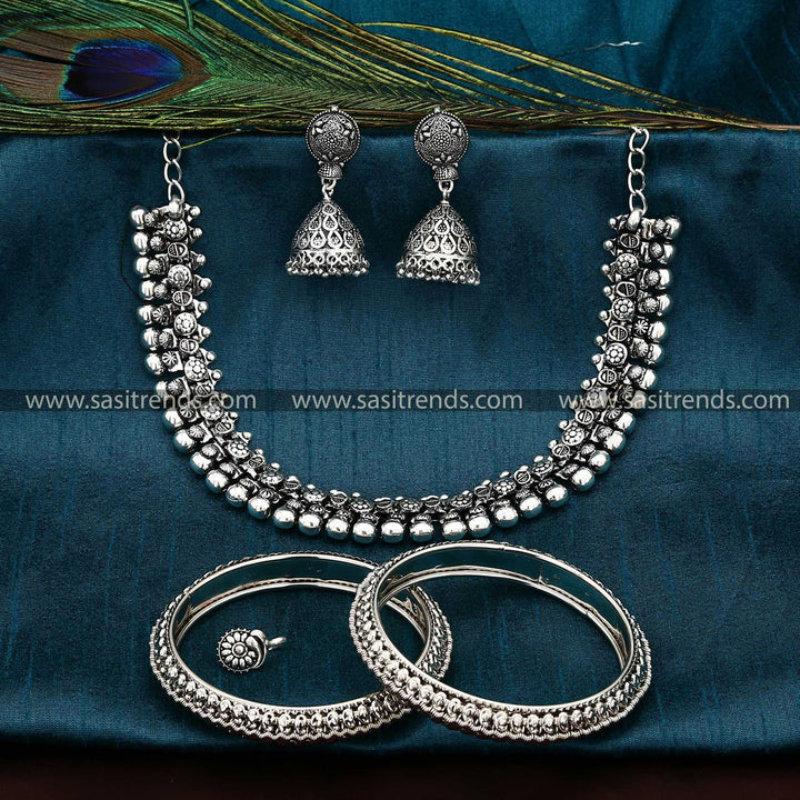 Haara Oxidised Silver and Antique Gold Combo Jewellery Set with Mango Bangles - Sasitrends