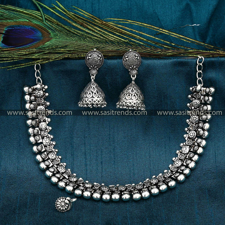 Sasitrends - Haara Oxidised Silver and Antique Gold Nosepin Combo Jewellery Set