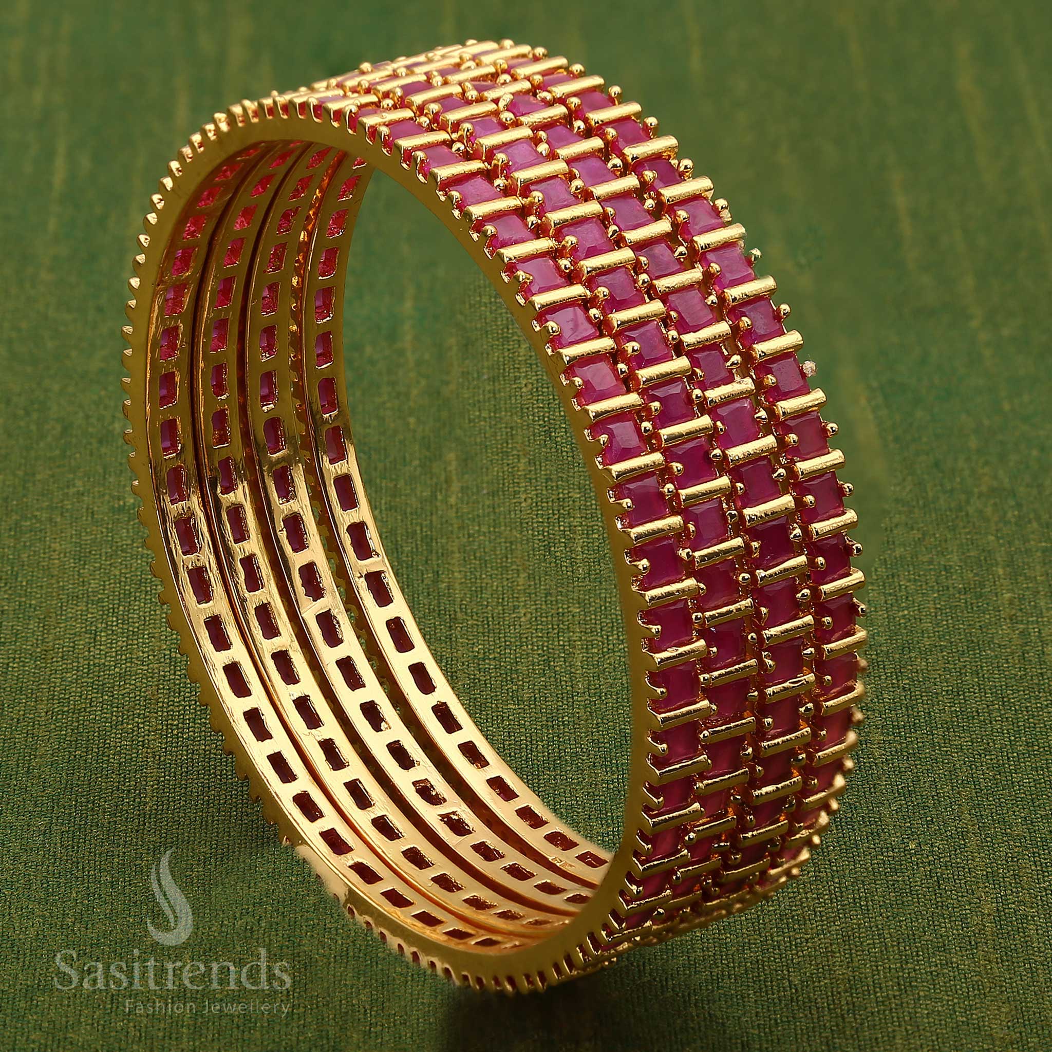 Radiant Ruby Micro Gold-Plated American Diamond Square Bangle adorned with dazzling ruby-colored stones - Sasitrends