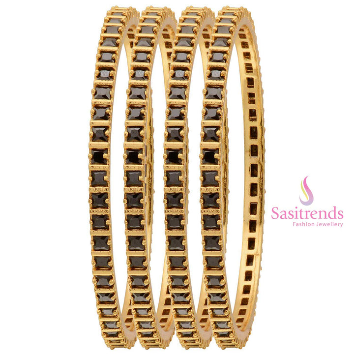 Bold Black Micro Gold-Plated American Diamond Square Bangle, showcasing an elegant black-stone embellishment - Sasitrends