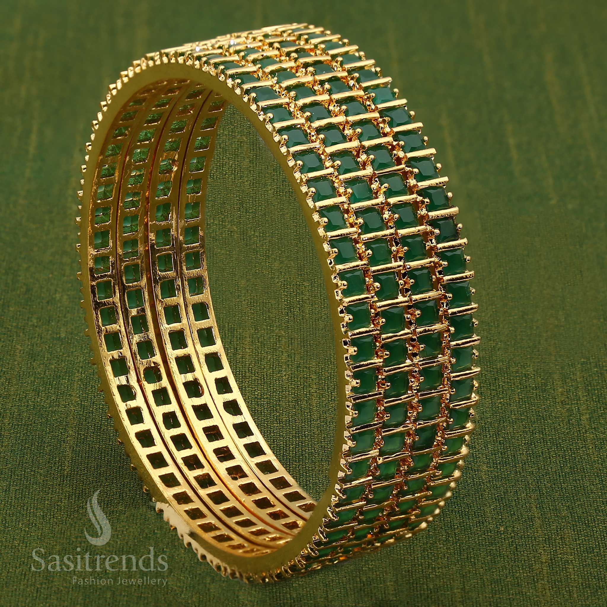 Graceful Green Micro Gold-Plated American Diamond Square Bangle, beautifully crafted with deep green gemstones - Sasitrends