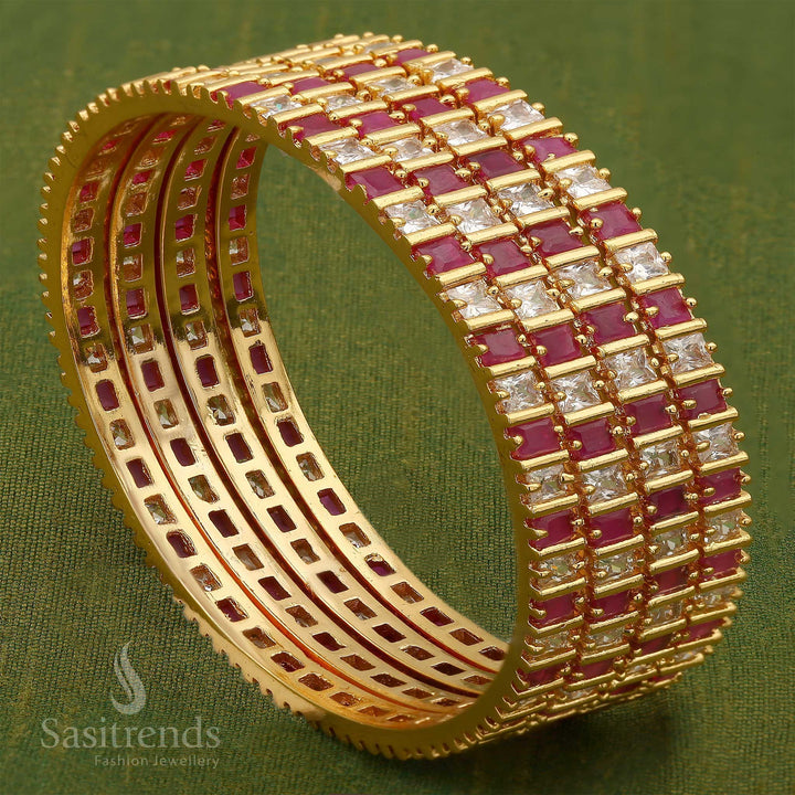 Stunning Ruby White Micro Gold-Plated American Diamond Square Bangle, featuring a gorgeous contrast of ruby and white stones - Sasitrends