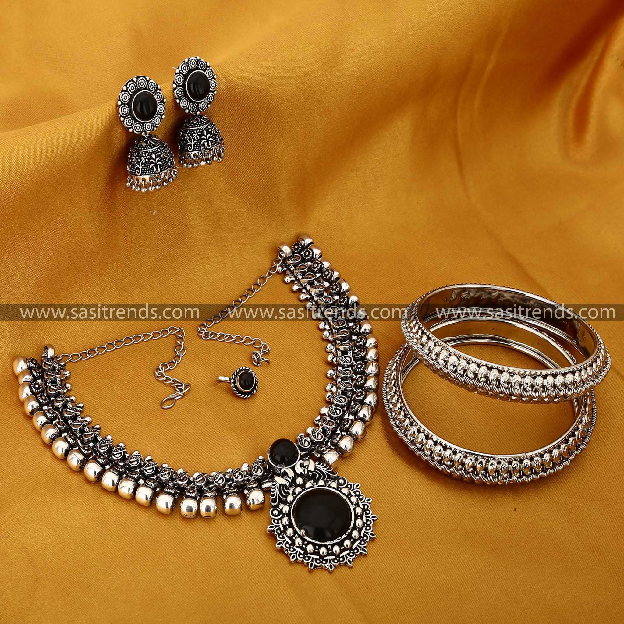 haarini latest oxidised combo jewellery Set Black Stone Stud Navarathiri Special Elegance Sasitrends