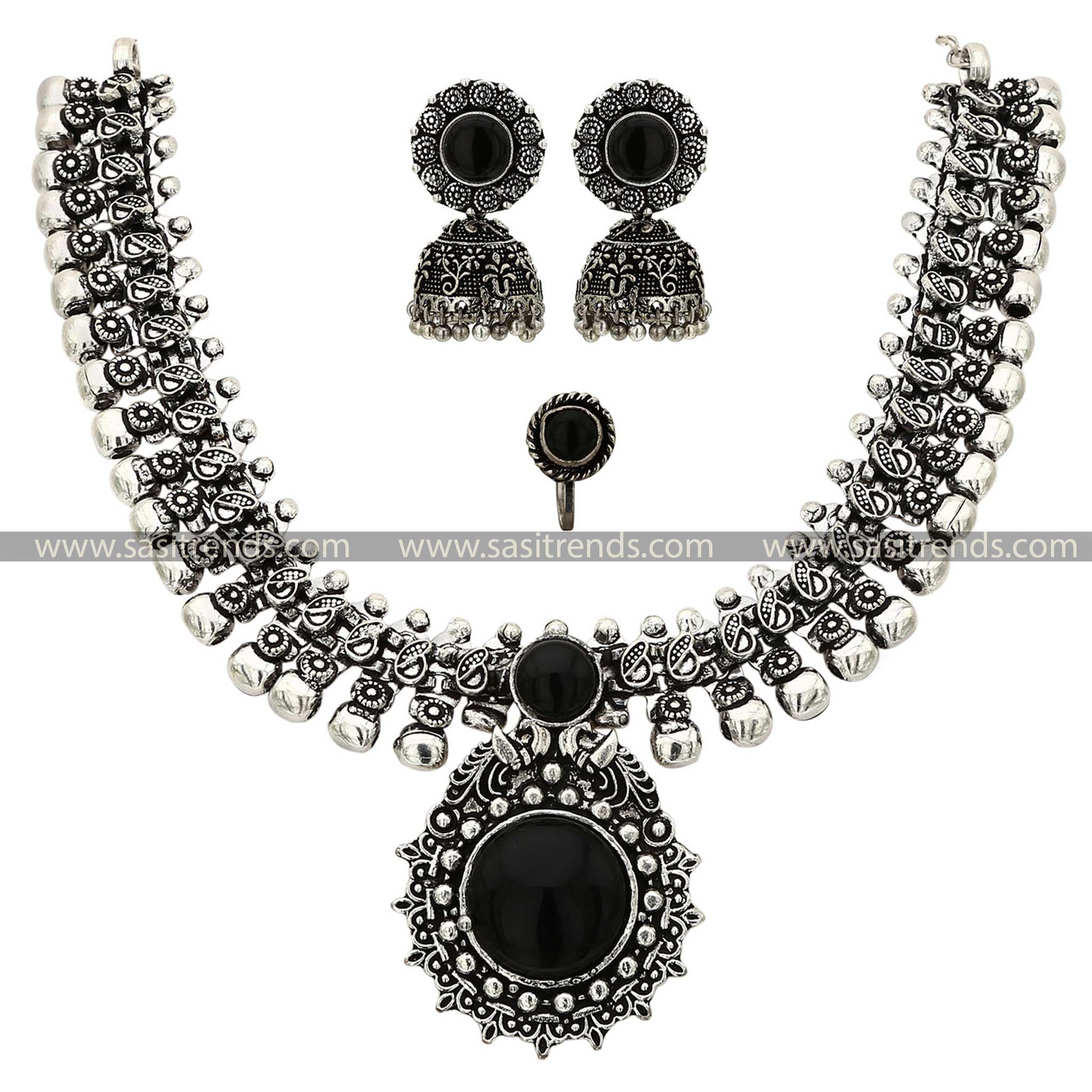 Haarini Oxidised Silver Combo Jewellery Set Black Stone Stud Sasitrends Online Shopping