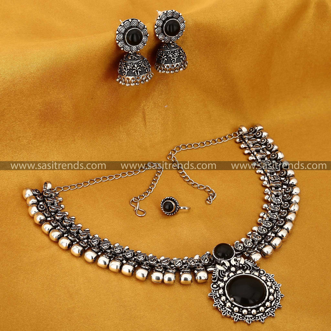 Haarini Oxidised Silver Nosepin Combo Jewellery Set Black Stone Sasitrends Navarathiri Special