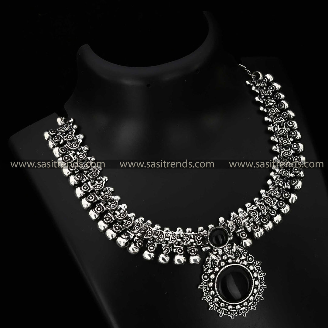 Latest Oxidised Peacock Designer Black Stone Choker Necklace Online Shopping