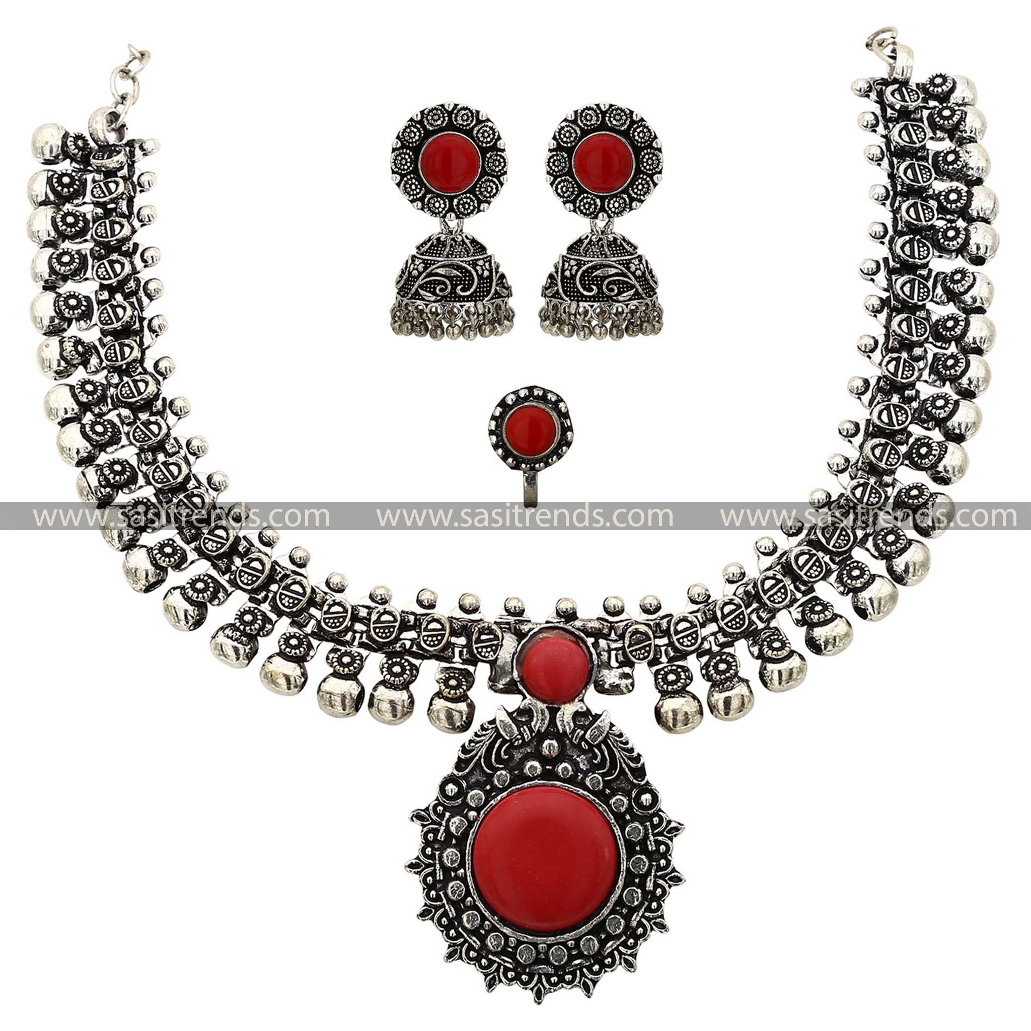 Haarini Oxidised Combo Red Stone Studded Jewellery Set Sasitrends Online Shopping