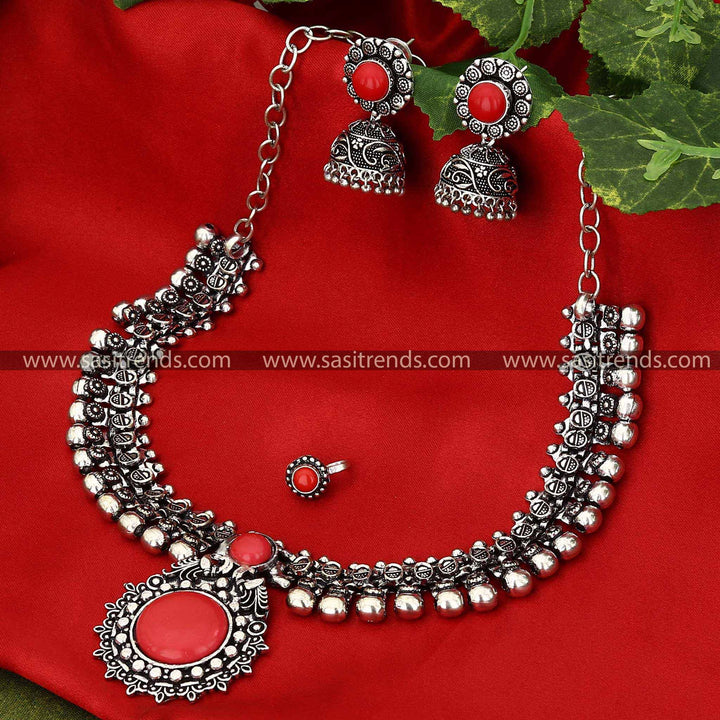 Haarini Oxidised Silver Combo Jewellery Set Red Stone Stud Navarathiri Special Sasitrends