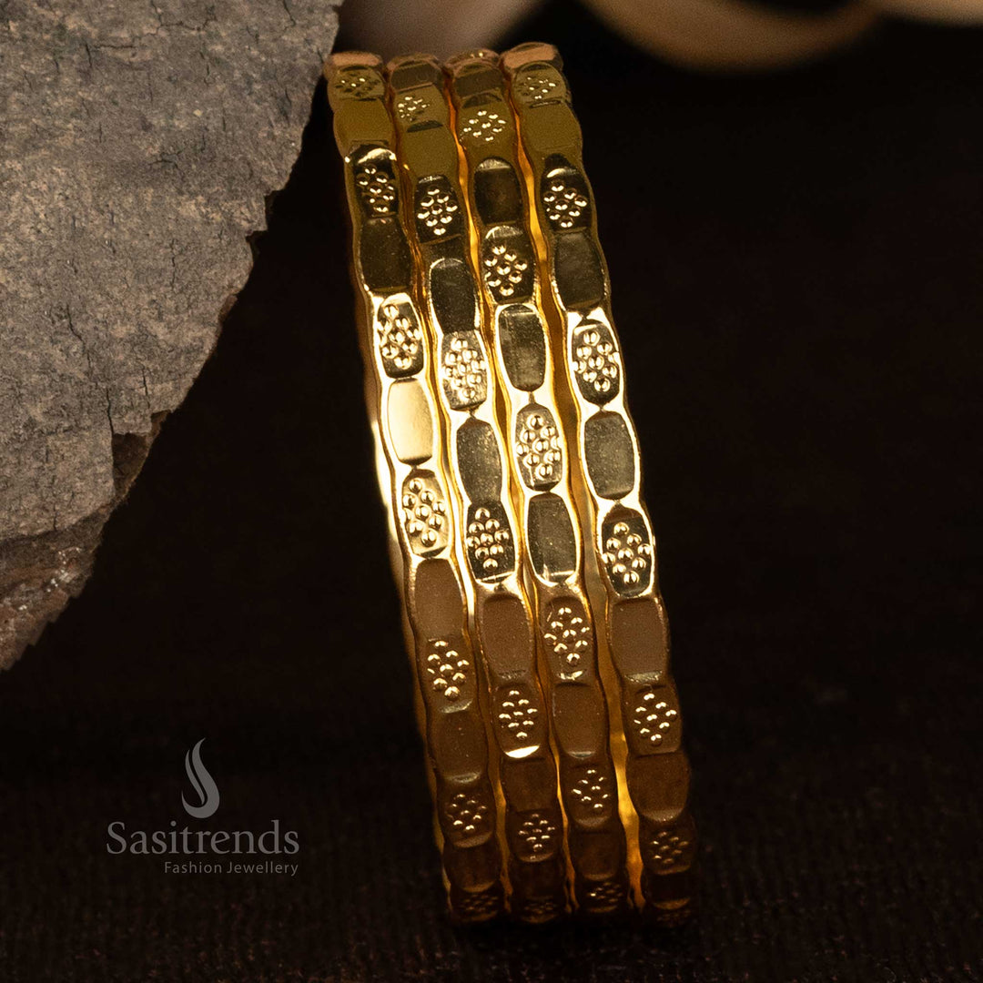 One gram micro gold-plated bangles with floral engraving and polished segments - Sasitrends